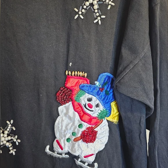 Ladies Vintage Large OHI Embroidered And Beaded Long Sleeve Snowman T Shirt - Picture 2 of 6